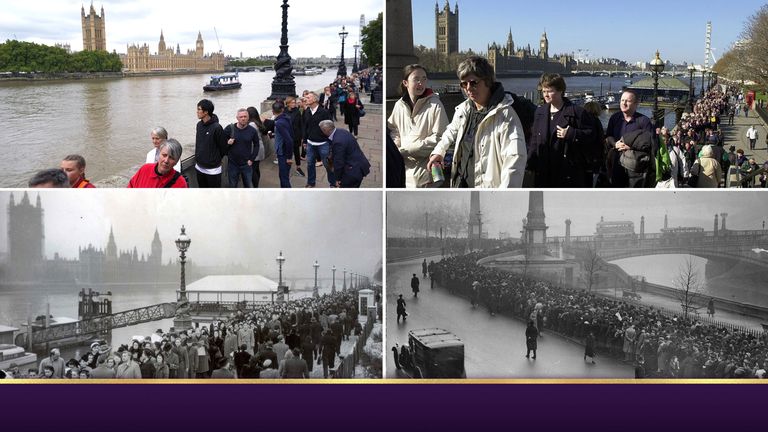 Top from Left - People queue for Queen Elizabeth  , Queues for the Queen Mother
Bottom from Left -  Queues for George VI and George V 