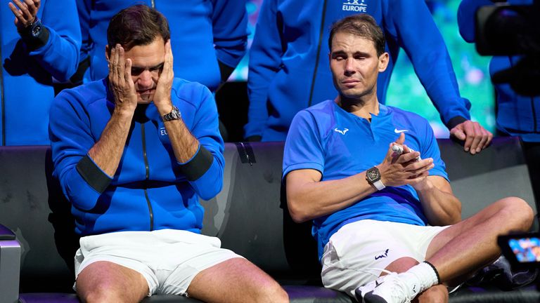 A tearful Roger Federer and Rafael Nadal
