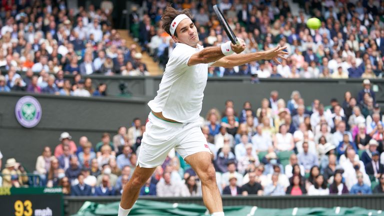 Jul 7, 2021; London, United Kingdom; Roger Federer (SUI) plays against Hubert Hurkacz (POL) in the quarter finals at All England Lawn Tennis and Croquet Club. Mandatory Credit: Peter van den Berg-USA TODAY Sports