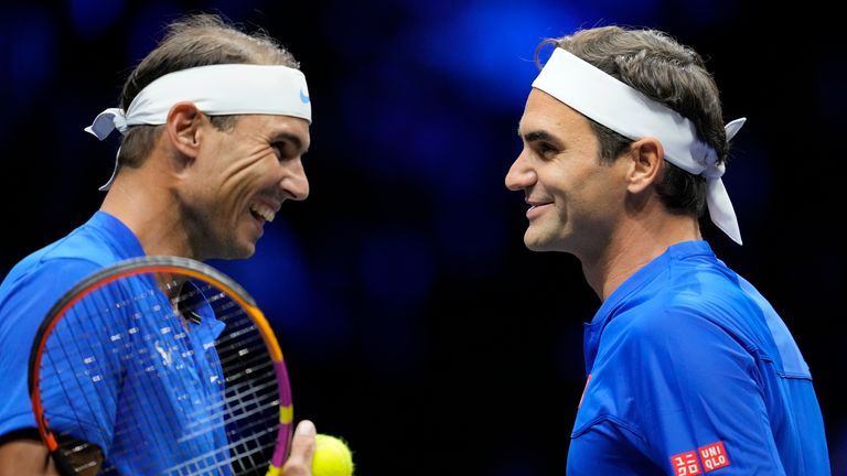 Team Europe's Roger Federer, right, and Rafael Nadal react during their Laver Cup doubles match against Jack Sock and Frances Tiafoe of the World Teammates at the O2 arena in London, Friday, September 23 2022. (AP Photo / Kin Cheung)