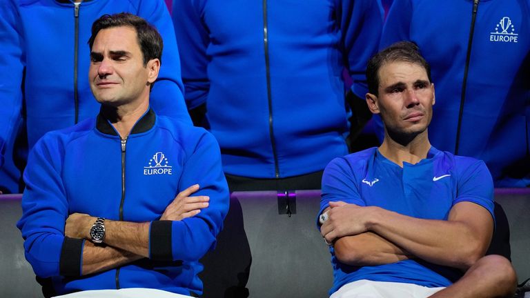 An emotional Roger Federer, left, of Team Europe sits alongside his playing partner Rafael Nadal after their Laver Cup doubles match against Team World&#39;s Jack Sock and Frances Tiafoe at the O2 arena in London, Friday, Sept. 23, 2022. Federer&#39;s losing doubles match with Nadal marked the end of an illustrious career that included 20 Grand Slam titles and a role as a statesman for tennis. (AP Photo/Kin Cheung)