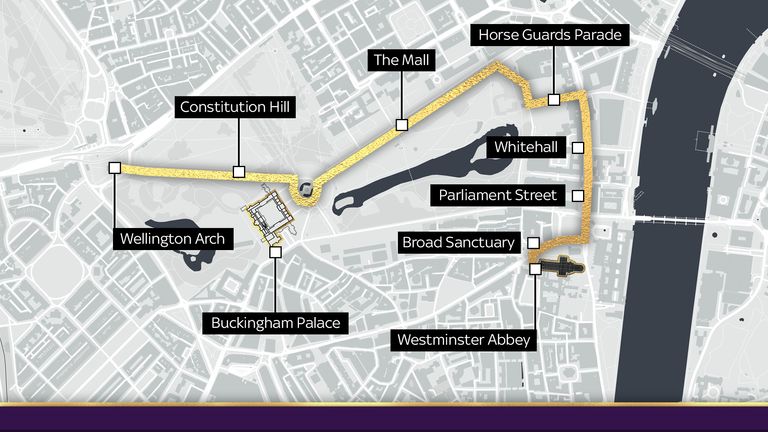 The procession route from Westminster Abbey to Wellington Arch
