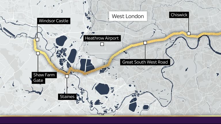 The route the hearse will take from West London to Windsor Castle