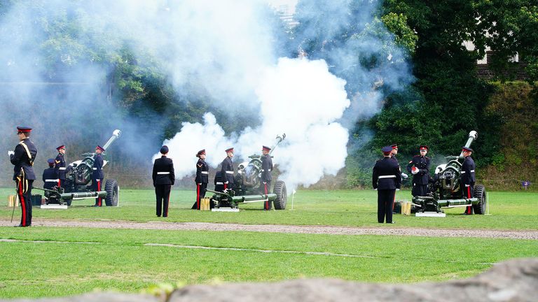 Members of the 3rd Battalion of the Royal Welsh regiment fire a 21-gun salute for the new King at the Accession Proclamation Ceremony at Cardiff Castle, Wales, publicly proclaiming King Charles III as the new monarch. Picture date: Sunday September 11, 2022.