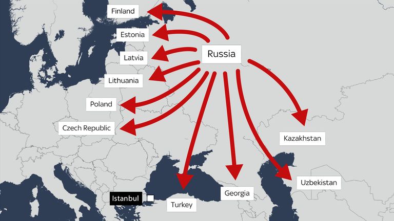 A map showing the countries fleeing Russian citizens are seeking refuge. 