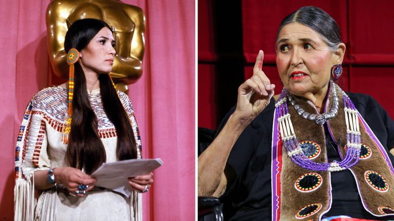 Sacheen Littlefeather pictured in 1973 and in September 2022
