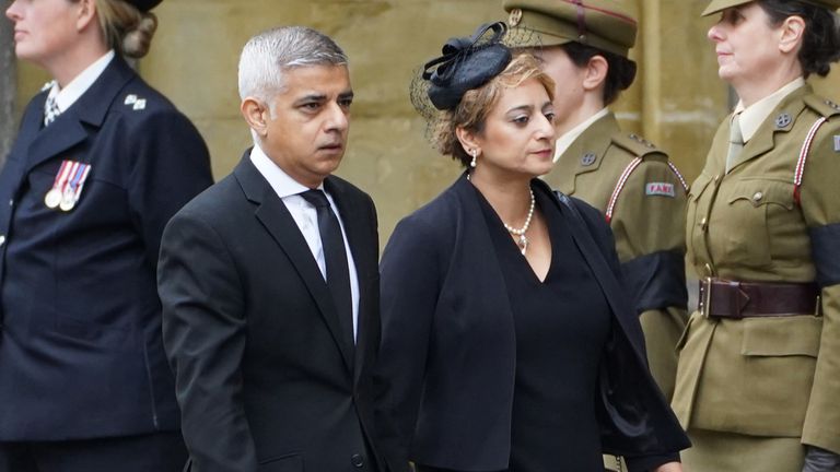 Mayor of London, Sadiq Khan and his wife, Saadiya Khan arrive at the State Funeral of Queen Elizabeth II, held at Westminster Abbey, London. Picture date: Monday September 19, 2022.
