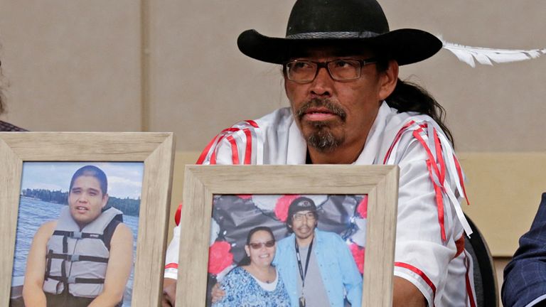Brian Burns, husband of Bonnie Burns and father of Gregory Burns, 28, who was killed at the James Smith Cree Nation, attends a news conference with their photos, in Saskatoon, Saskatchewan, Canada, September 7, year 2022. REUTERS / Valerie Zink