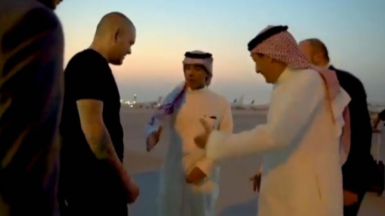 In the SPA video, Britons Aiden Aslin, 28, and Shaun Pinner, 48, and 21-year-old Morrocan national, Brahim Saaudun are seen walking off the plane.