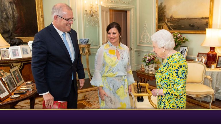 Queen Elizabeth II meets Australian Prime Minister Scott Morrison and his wife Jennifer during a private audience at Buckingham Palace, in London, Britain June 4, 2019. Dominic Lipinski/Pool via REUTERS