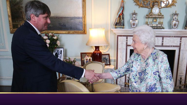 Queen Elizabeth II receives Simon Armitage to present him with The Queen&#39;s Gold Medal for Poetry upon his appointment as Poet Laureate during an audience at Buckingham Palace, London.