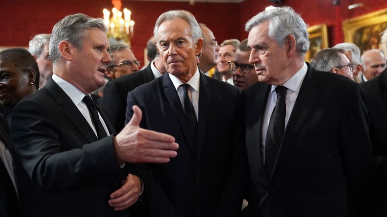(Left-right) Labour leader Sir Keir Starmer, former Prime Ministers Tony Blair and Gordon Brown ahead of the Accession Council ceremony at St James&#39;s Palace, London, where King Charles III is formally proclaimed monarch. Charles automatically became King on the death of his mother, but the Accession Council, attended by Privy Councillors, confirms his role. Picture date: Saturday September 10, 2022.
