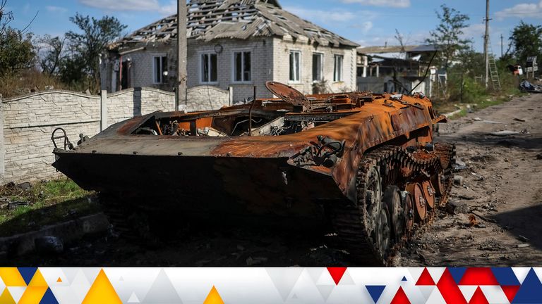 A destroyed Russian tank is seen near a destroyed building in the village of Kamyanka, recently liberated by Ukrainian Armed Forces, in Kharkiv region, Ukraine September 22, 2022.  REUTERS/Gleb Garanich