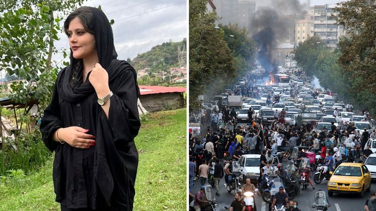 Protesters chant slogans during a protest over the death of Mahsa Amini who was detained by the morality police, in downtown Tehran, Iran