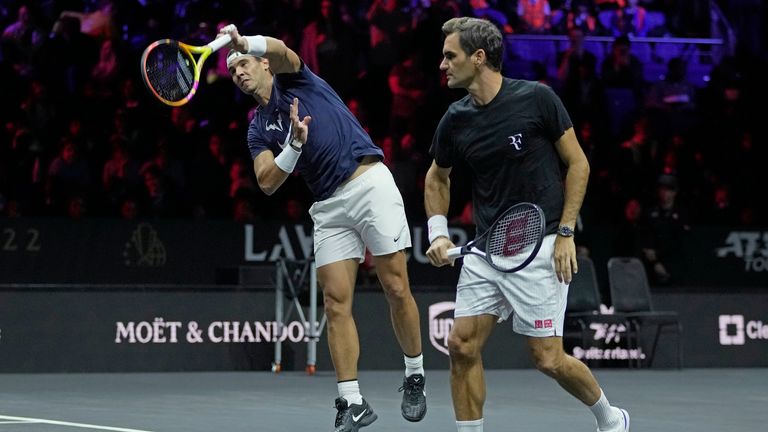 Switzerland&#39;s Roger Federer, right, and Spain&#39;s Rafael Nadal attend a training session ahead of the Laver Cup tennis tournament at the O2 in London, Thursday, Sept. 22, 2022. (AP Photo/Kin Cheung)