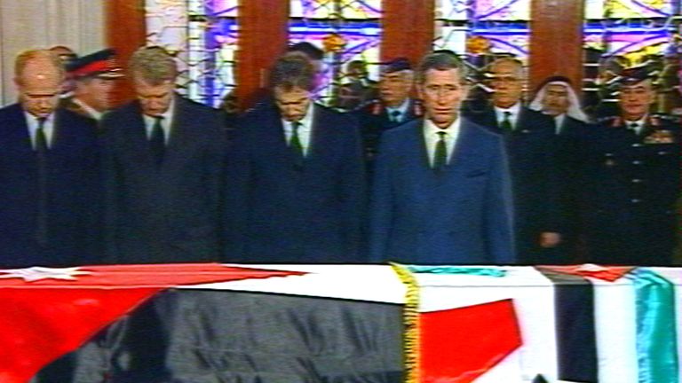 British Prime Minister Tony Blair (3rd L) and Prince Charles (R) stand with Leader of the Opposition William Hague (L) and Leader of the Liberal Democrats Paddy Ashdown (2ndL) before the flag-draped coffin of Jordan&#39;s King Hussein as they pay their respects at the Ragadan Royal Palace February 8 
