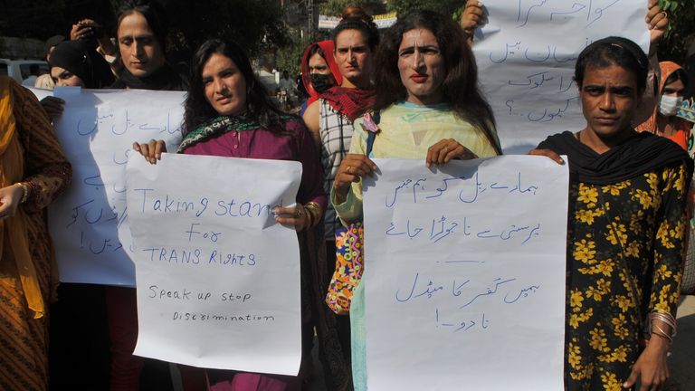 Pakistani transgender persons hold a demonstration demanding for their basic rights, in Hyderabad, Pakistan. Pic:AP