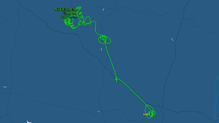 The Flightaware image shows the plane's path near Tupelo (TUP).  Photo: Flightaware.com