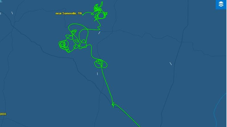 The plane is thought to have come down some distance away from Tupelo, Mississippi, where it first started circling. Pic: Flightaware.com