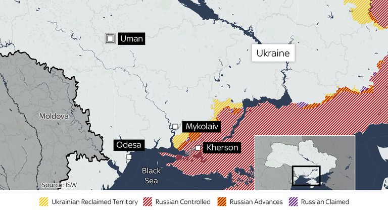 Hac varış noktası Uman'ın yerini ve Kherson yakınlarındaki mevcut cephe hattını gösteren harita