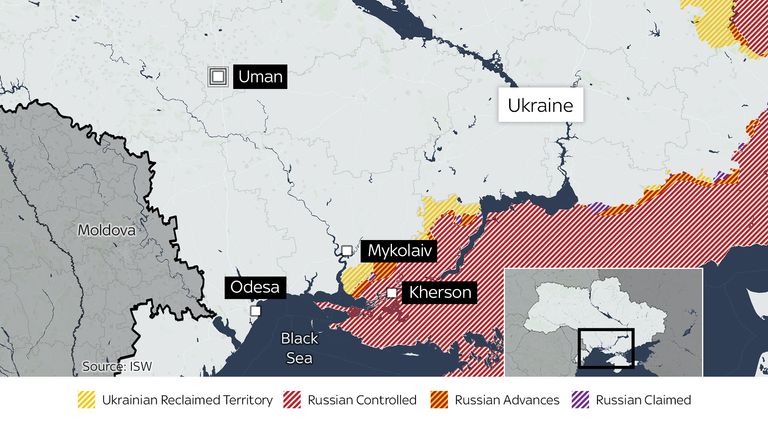 Map showing the location of pilgrimage destination Uman and the current frontline near Kherson