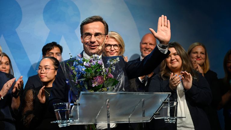 Moderate Party leader Ulf Kristersson delivers a speech at the Moderate Party Election Watch at the Clarion Sign Hotel late on Sunday, September 11, 2022. An opinion poll suggests that the party Sweden's ruling left-wing Social Democrats won the most votes in a general election on Sunday, while a right-wing populist party showed its best.  (Fredrik Sandberg / TT News Agency via AP)