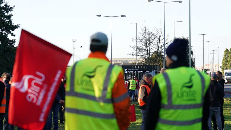 Members of the Unite union man a picket line at one of the entrances to the Port of Felixstowe in Suffolk in a long-running dispute over pay. Around 1,900 union members at the port are walking out for a second time, until October 5, following an eight-day stoppage last month. Picture date: Tuesday September 27, 2022.