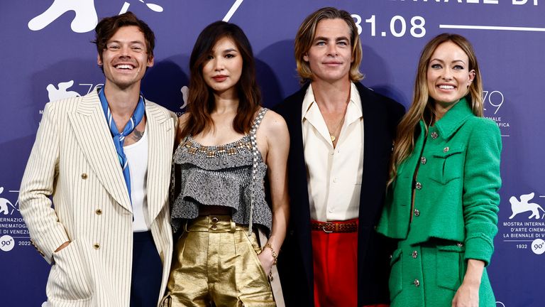 The 79th Venice Film Festival - Photo call for the film "Don't Worry Darling" out of competition - Venice, Italy, September 5, 2022 - Director Olivia Wilde poses with cast members Harry Styles, Chris Pine, and Gemma Chan. REUTERS/Yara Nardi
