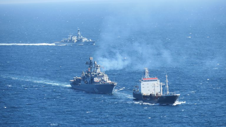 HMS Westminster monitoring Russian destroyer Vice Admiral Kulalov and tanker Vyazma during refuelling operations off the west coast of the UK. Three Royal Navy warships Type 23 frigates - HMS Westminster, HMS Lancaster and HMS Richmond - have been shadowing a Russian Navy task force in waters close to the UK. The vessels tracked Slava-class cruiser, Marshal Ustinov, the sister ship of the ill-fated Moskva which sunk in the Black Sea in April