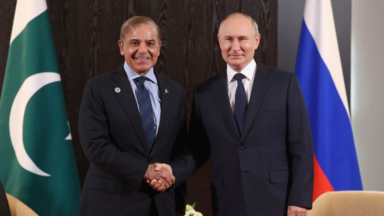 Russian President Vladimir Putin meets Pakistani Prime Minister Shahbaz Sharif. Pic: AP