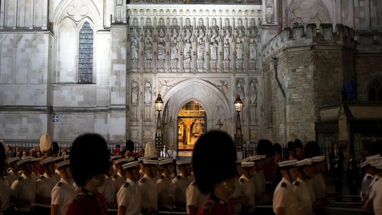 The Royal Guards and Royal Navy parade through Westminster Abbey during a rehearsal for Queen Elizabeth II's funeral in London, Thursday, September 15, 2022. The Queen will lie in state at Westminster Hall for four days before her funeral on Monday, September.  19. (AP Photo / Felipe Dana)