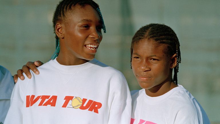Sisters Venus Williams (14) and Serena Williams (13) appear at an event promoting the Bank of the West Classic tennis event, part of the WTA Tour in Oakland, Calif., Thursday, October 27, 1994. Venus Williams turned professional four days later, playing in the tournament. Serena Williams turned professional one year later in September 1995. Both sisters would go on to be World No. 1 ranked tennis players. (AP Photo/NewsBase)