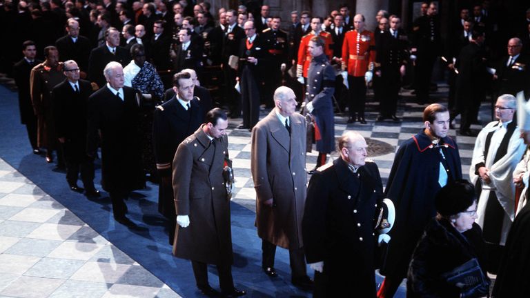 1965: The funeral of Sir Winston Churchill in St. Paul&#39;s Cathedral, London. Picture shows King Constantine of Greece (right, in uniform), King Olaf of Norway (with Constantine) and General De Gaulle of France (behind Constantine).