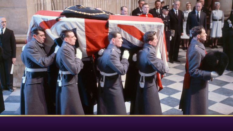 Sir Winston Churchill&#39;s coffin being carried into St Paul&#39;s in London.