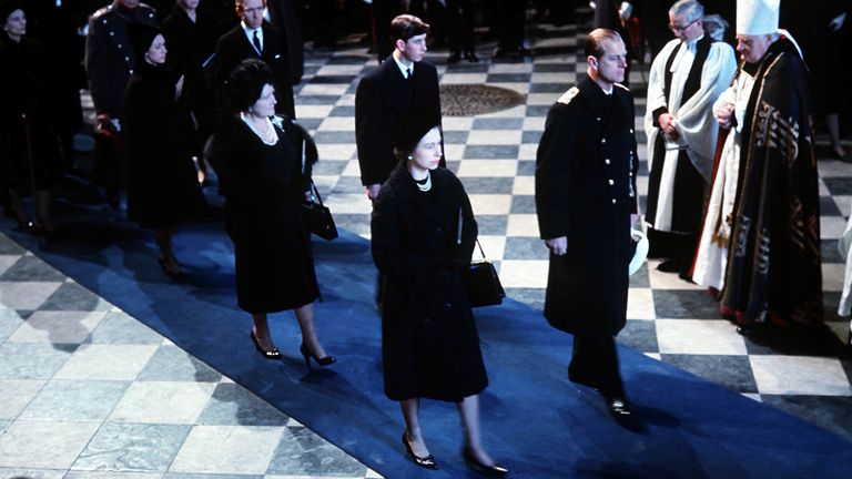 The Queen and the Duke of Edinburgh lead mourners inside St. Paul&#39;s Cathedral, London, during the funeral service for Sir Winston Churchill. Behind are the Queen Mother and Prince Charles (later the Prince of Wales).
