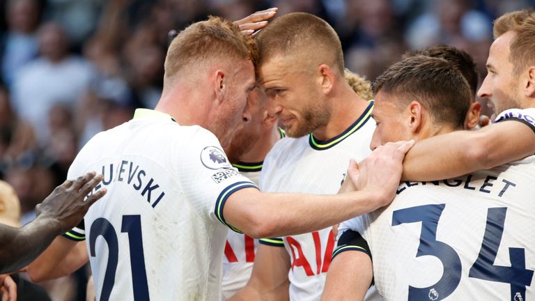 Eric Dier celebrates with team-mates after scoring Tottenham&#39;s second goal (AP)