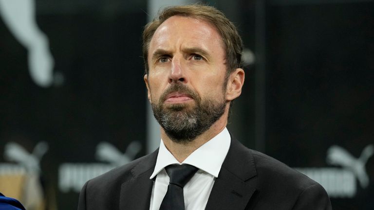 Gareth Southgate stands on the touchline in Milan