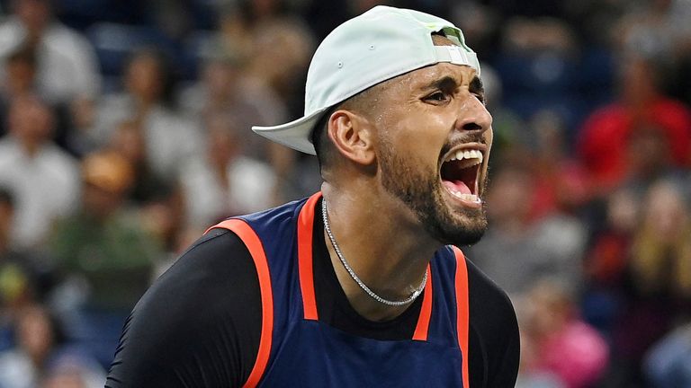 Nick Kyrgios reacts after winning a men&#39;s singles match at the 2022 US Open, Friday, Sep. 2, 2022 in Flushing, NY. (Andrew Ong/USTA via AP)