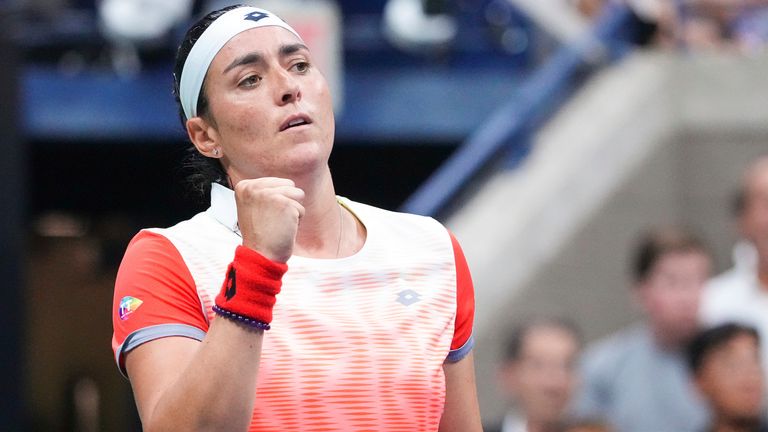 Ons Jabeur reacts during a women&#39;s singles quarterfinal match at the 2022 US Open, Tuesday, Sep. 6, 2022 in Flushing, NY. (Garrett Ellwood/USTA via AP)