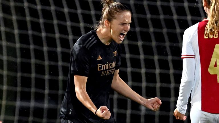 Vivianne Miedema celebrates her winning goal for Arsenal against Ajax in the Champions League