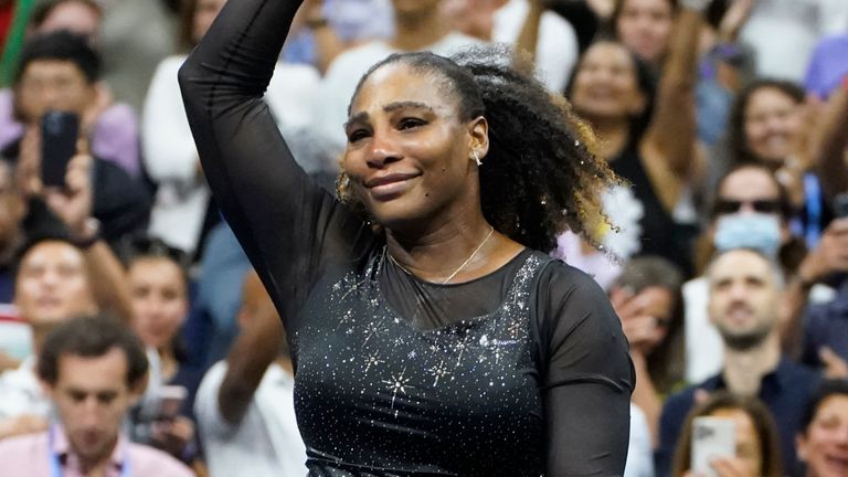 Serena Williams, of the United States, spins as she waves to fans after losing to Ajla Tomljanovic, of Austrailia, in the third round of the U.S. Open tennis championships, Friday, Sept. 2, 2022, in New York. (AP Photo/John Minchillo)