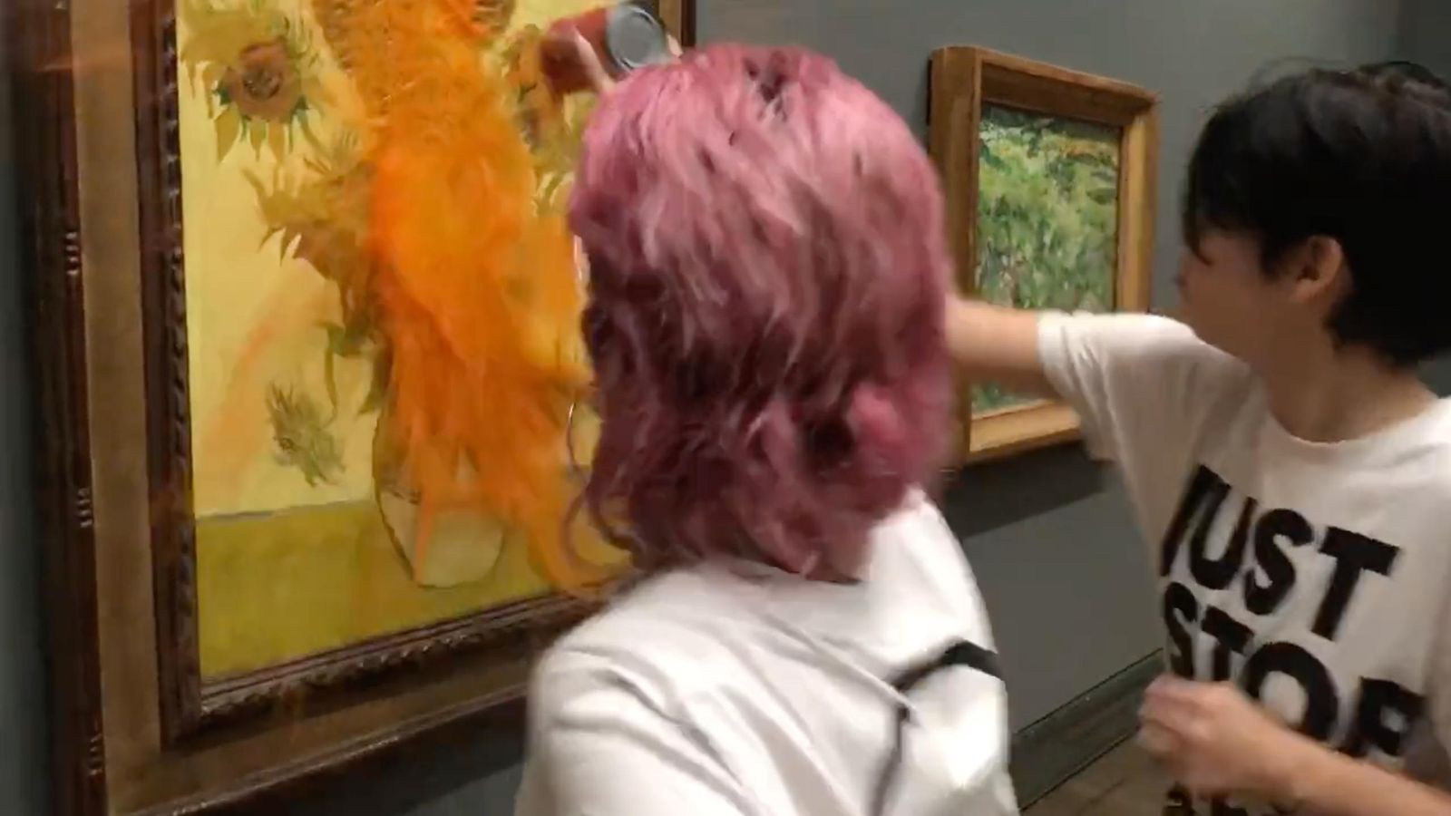 Just Stop Oil protesters throw tomato soup over Van Gogh's Sunflowers masterpiece