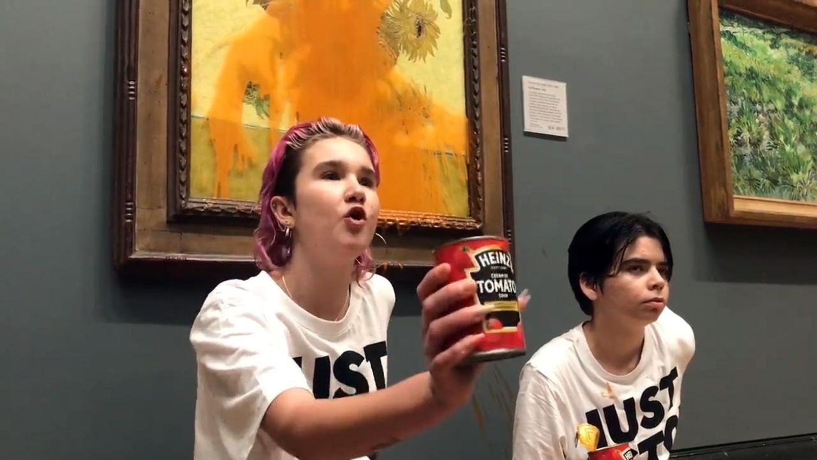 Just Stop Oil protesters throw tomato soup over Van Gogh's Sunflowers