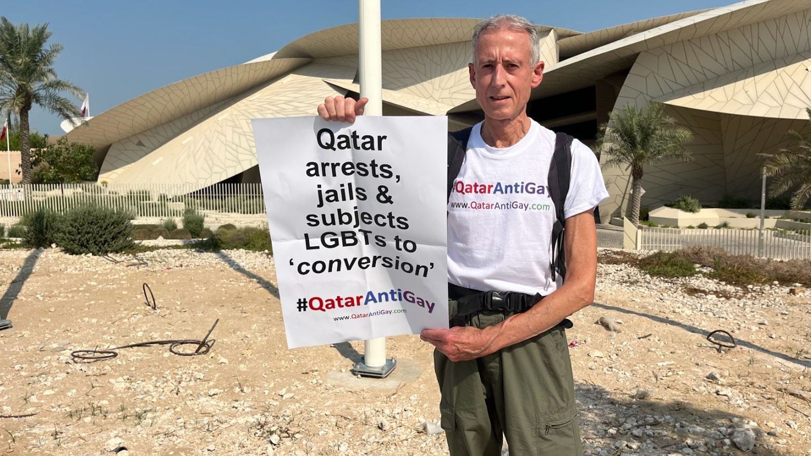 British LGBT activist Peter Tatchell stopped during World Cup protest in Qatar 