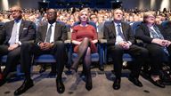 From left, Foreign Secretary James Cleverly, Chancellor of the Exchequer, Kwasi Kwarteng, Prime Minister Liz Truss her husband Hugh O&#39;Leary and Deputy Prime Minister, Th..r..se Coffey during a tribute to the late Queen Elizabeth II at the start of the Conservative Party annual conference at the International Convention Centre in Birmingham. Picture date: Sunday October 2, 2022.
