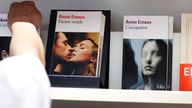 Books by French writer Annie Ernaux are lined up at a bookstore immediately after the announcement of the Nobel Prize in Literature in Shinjuku Ward, Tokyo on October 6, 2022.( The Yomiuri Shimbun via AP Images )
