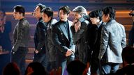 BTS performs "Butter" at the 64th Annual Grammy Awards on Sunday, April 3, 2022, in Las Vegas. (AP Photo/Chris Pizzello)


