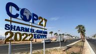 A COP27 sign on the road leading to the conference area in Egypt&#39;s Red Sea resort of Sharm el-Sheikh