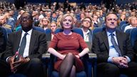 From left, Chancellor of the Exchequer Kwasi Kwarteng, Prime Minister Liz Truss and her husband, Hugh O&#39;Leary during a tribute to the late Queen Elizabeth II at the start of the Conservative Party annual conference at the International Convention Centre in Birmingham. Picture date: Sunday October 2, 2022.