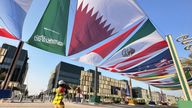 Country flags are seen along a street in Lusail
